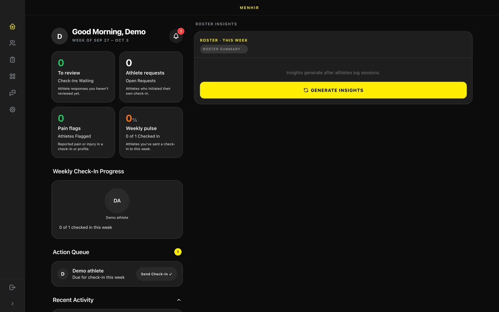 menhir coach dashboard: review queue, pain flags, weekly pulse and action queue