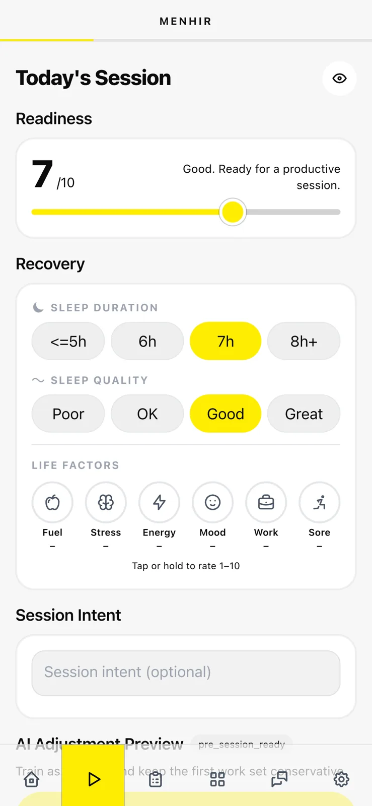 Pre-session check-in in menhir: readiness, sleep and life factors