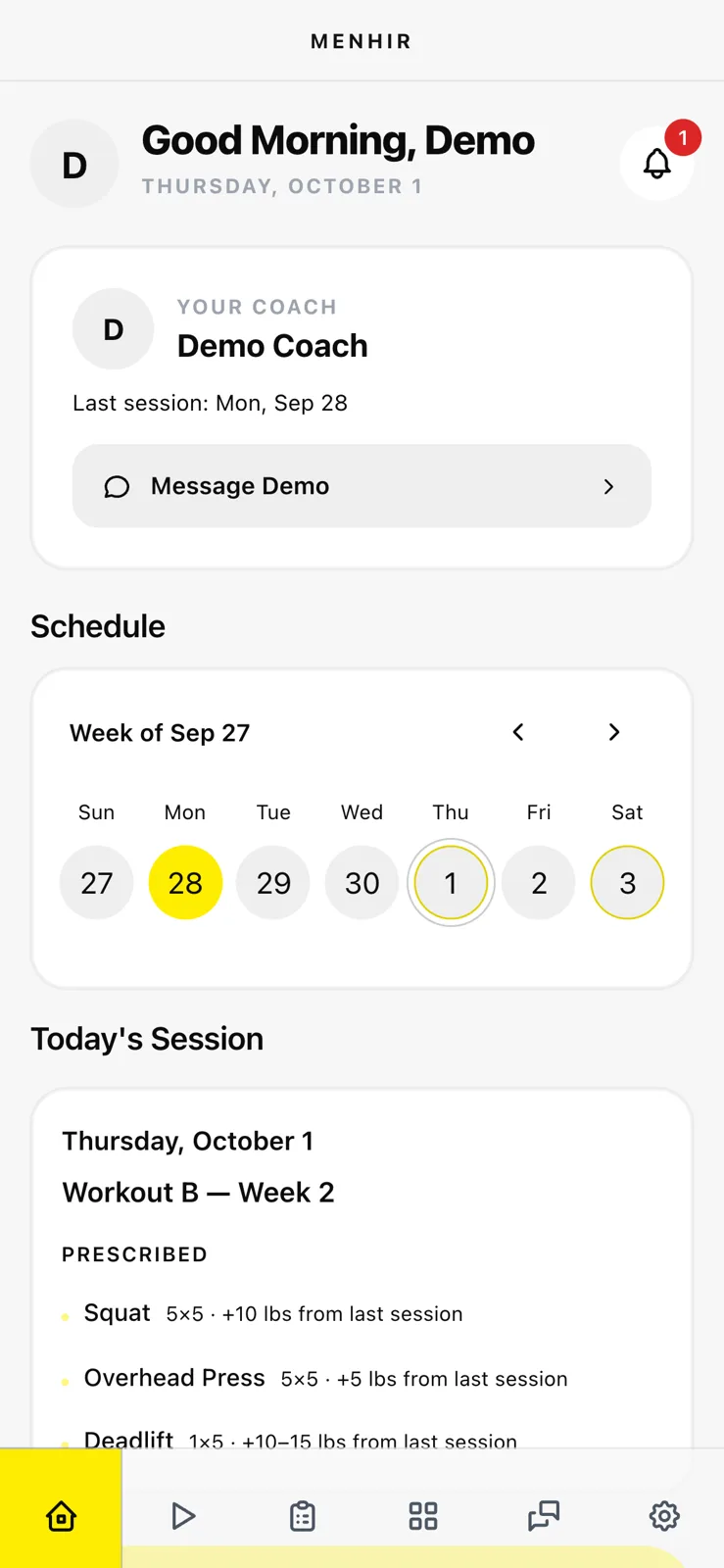 Athlete home in menhir: coach card, week schedule and today's prescribed session